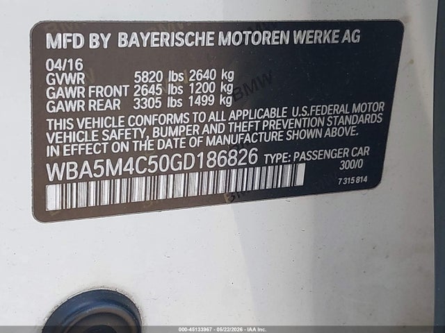 2016 Bmw 535i Gran Turismo Xdrive მანქანა იყიდება აუქციონზე, vin: WBA5M4C50GD186826, აუქციონის ნომერი: 45133967