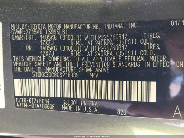 Продаж на аукціоні авто 2012 Toyota Sienna Le V6 8 Passenger, vin: 5TDKK3DC8CS218939, номер лоту: 45133972