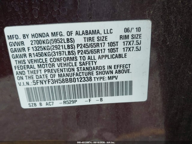Продажа на аукционе авто 2011 Honda Pilot Ex-l, vin: 5FNYF3H58BB012338, номер лота: 45133974