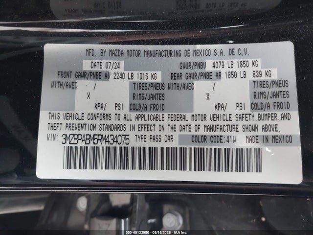 Продажа на аукционе авто 2024 Mazda Mazda3 2.5 S Select Sport, vin: 3MZBPABM5RM434075, номер лота: 45133980