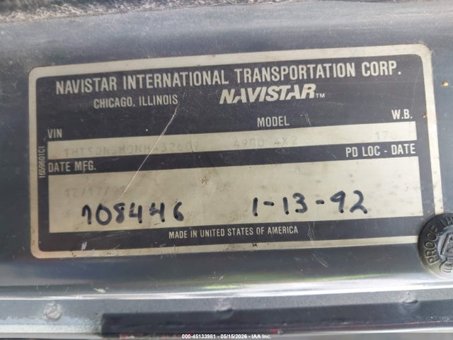 45133981 :رقم المزاد ، 1HTSDNSM0NH432609 vin ، 1992 International 4000 4900 مزاد بيع