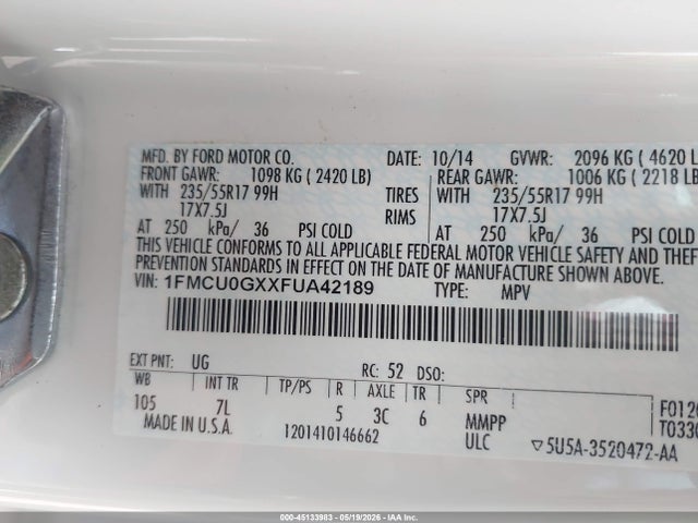 Aukcja sprzedaży 2015 Ford Escape Se, vin: 1FMCU0GXXFUA42189, numer aukcji: 45133983