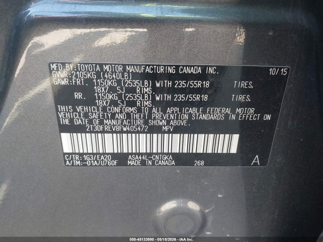 45133990 :رقم المزاد ، 2T3DFREV8FW405472 vin ، 2015 Toyota Rav4 Limited مزاد بيع