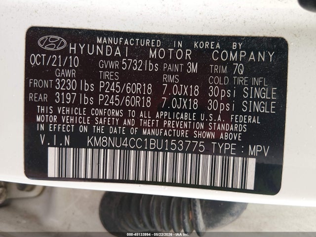 Продажа на аукционе авто 2011 Hyundai Veracruz Limited, vin: KM8NU4CC1BU153775, номер лота: 45133994