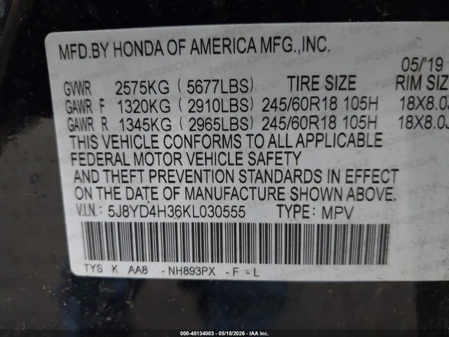 2019 Acura Mdx Standard მანქანა იყიდება აუქციონზე, vin: 5J8YD4H36KL030555, აუქციონის ნომერი: 45134003