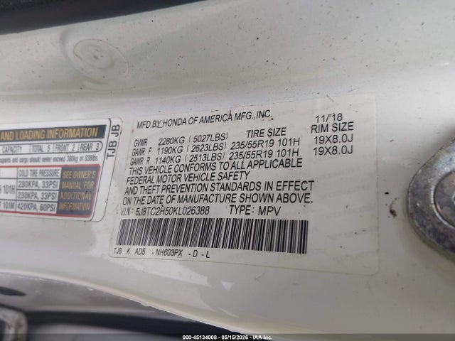 Aukcja sprzedaży 2019 Acura Rdx Technology Package, vin: 5J8TC2H50KL026388, numer aukcji: 45134008