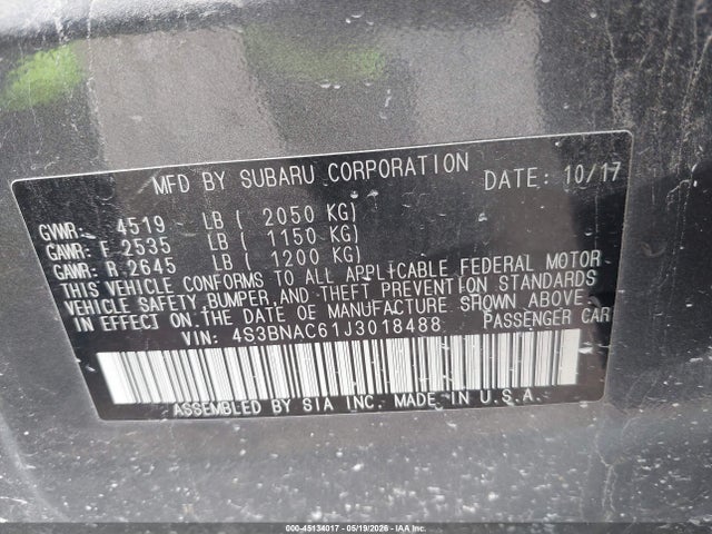Aukcja sprzedaży 2018 Subaru Legacy 2.5i Premium, vin: 4S3BNAC61J3018488, numer aukcji: 45134017