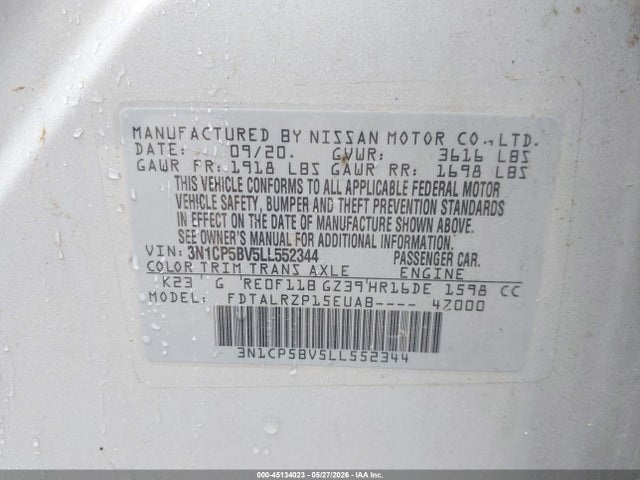 45134023 :رقم المزاد ، 3N1CP5BV5LL552344 vin ، 2020 Nissan Kicks S Xtronic Cvt مزاد بيع