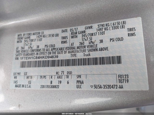 45134024 :رقم المزاد ، 1FTEW1C84HKD94839 vin ، 2017 Ford F-150 Xl مزاد بيع