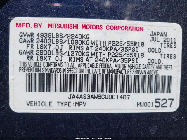 Продажа на аукционе авто 2012 Mitsubishi Outlander Se, vin: JA4AS3AW8CU001407, номер лота: 45134025