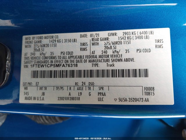 Продажа на аукционе авто 2021 Ford F-150 Xl, vin: 1FTEW1CP5MFA76318, номер лота: 45134028