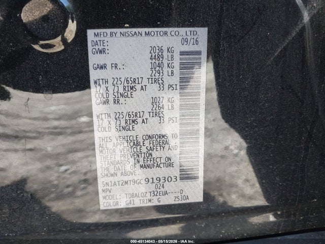 Aukcja sprzedaży 2016 Nissan Rogue Sv, vin: 5N1AT2MT9GC919303, numer aukcji: 45134043