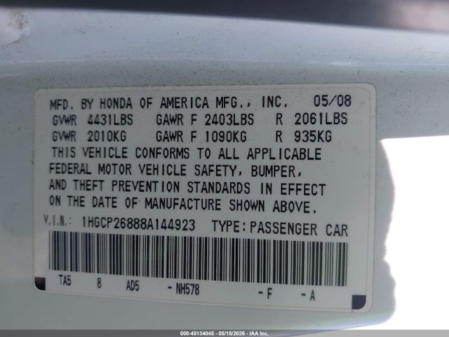 Aukcja sprzedaży 2008 Honda Accord 2.4 Ex-l, vin: 1HGCP26888A144923, numer aukcji: 45134045