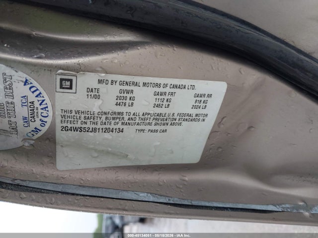 Aukcja sprzedaży 2001 Buick Century Custom, vin: 2G4WS52J811204134, numer aukcji: 45134051