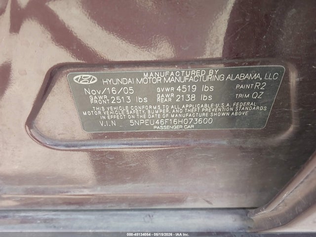 2006 Hyundai Sonata Gls V6/lx V6 მანქანა იყიდება აუქციონზე, vin: 5NPEU46F16H073600, აუქციონის ნომერი: 45134054