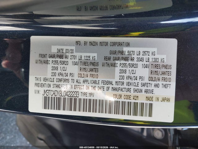 Продаж на аукціоні авто 2020 Mazda Cx-9 Grand Touring, vin: JM3TCADY8L0422233, номер лоту: 45134059