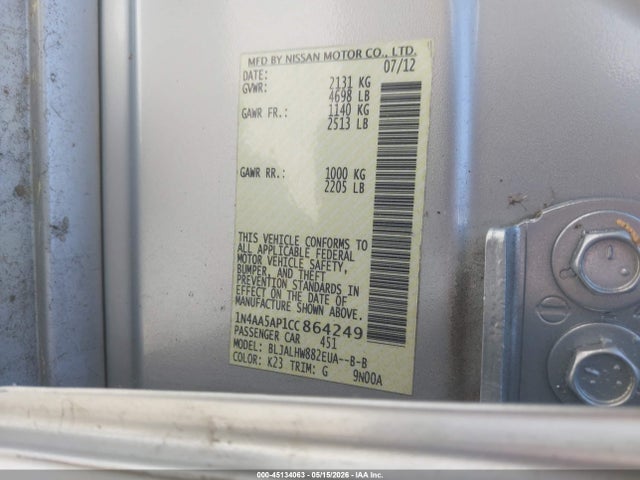 Продажа на аукционе авто 2012 Nissan Maxima 3.5 Sv, vin: 1N4AA5AP1CC864249, номер лота: 45134063