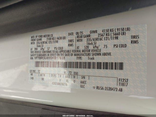 45134064 :رقم المزاد ، 1FTBR3U85SKB17838 vin ، 2025 Ford Transit-250 Cargo Van مزاد بيع