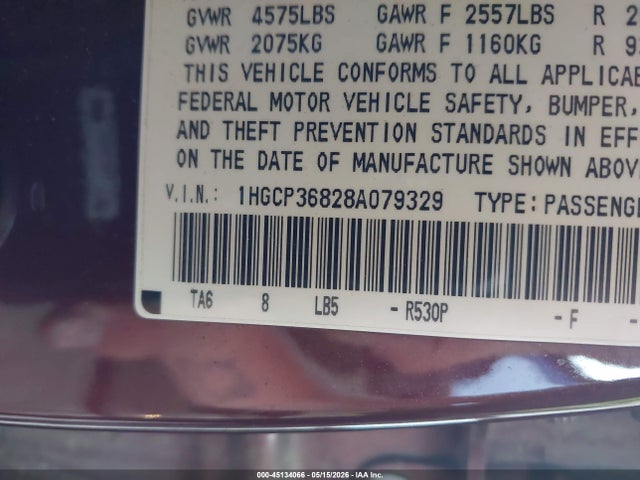 45134066 :رقم المزاد ، 1HGCP36828A079329 vin ، 2008 Honda Accord 3.5 Ex-l مزاد بيع