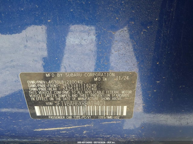 Продажа на аукционе авто 2024 Subaru Wrx Premium, vin: JF1VBAH6XR9819403, номер лота: 45134068
