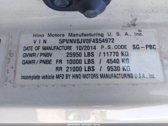 45134072 :رقم المزاد ، 5PVNV8JV0F4S54972 vin ، 2015 Hino Hino 338 مزاد بيع