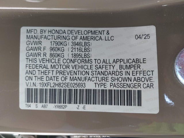 Продажа на аукционе авто 2025 Honda Civic Sedan Sport, vin: 19XFL2H82SE025693, номер лота: 45134073