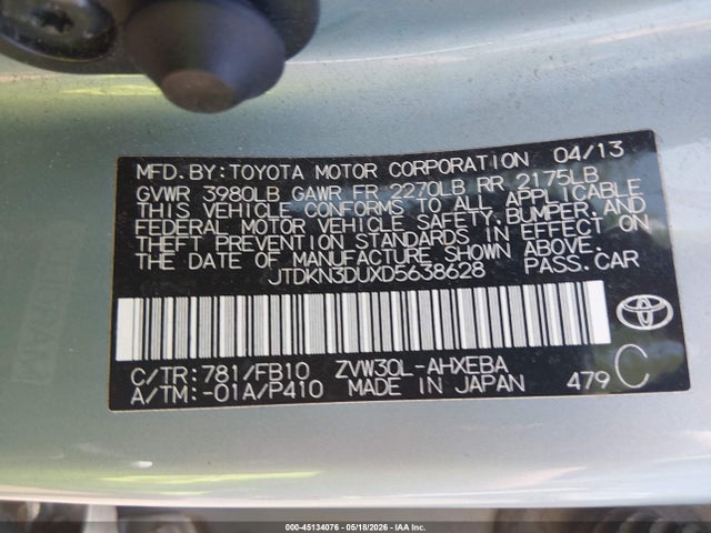 Продаж на аукціоні авто 2013 Toyota Prius Two, vin: JTDKN3DUXD5638628, номер лоту: 45134076