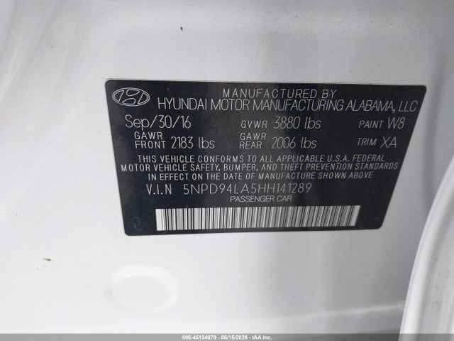 Aukcja sprzedaży 2017 Hyundai Elantra Eco, vin: 5NPD94LA5HH141289, numer aukcji: 45134078