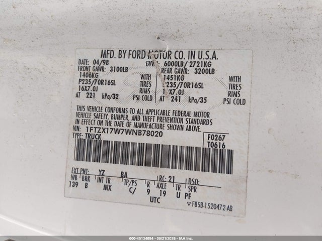 Aukcja sprzedaży 1998 Ford F-150 Lariat/standard/xl/xlt, vin: 1FTZX17W7WNB78020, numer aukcji: 45134084