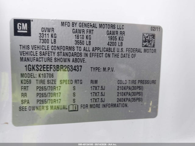 Aukcja sprzedaży 2011 Gmc Yukon Denali, vin: 1GKS2EEF3BR263437, numer aukcji: 45134100