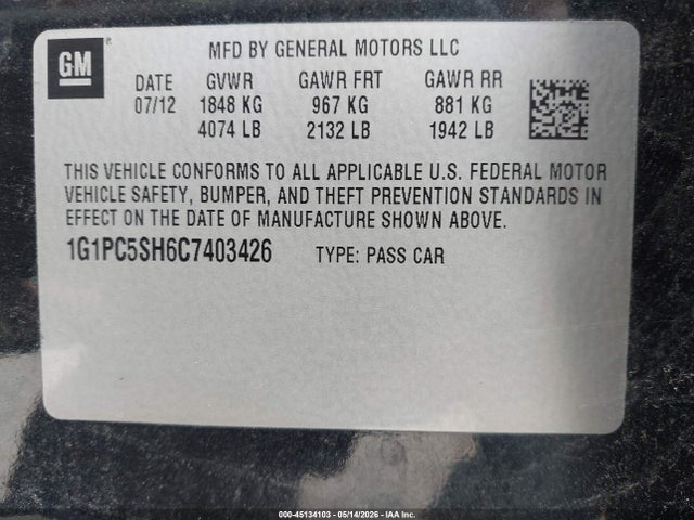 45134103 :رقم المزاد ، 1G1PC5SH6C7403426 vin ، 2012 Chevrolet Cruze Ls مزاد بيع