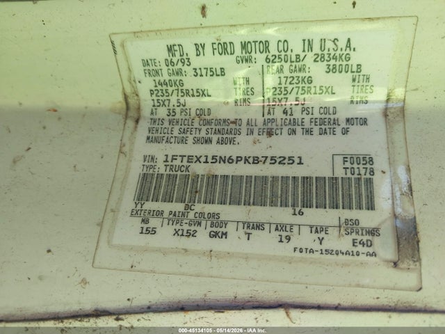 Продаж на аукціоні авто 1993 Ford F150, vin: 1FTEX15N6PKB75251, номер лоту: 45134105