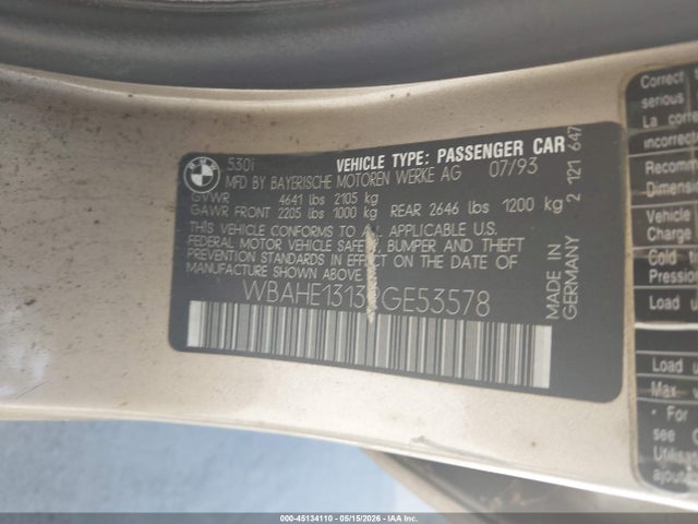 45134110 :رقم المزاد ، WBAHE1313RGE53578 vin ، 1994 Bmw 530 I مزاد بيع