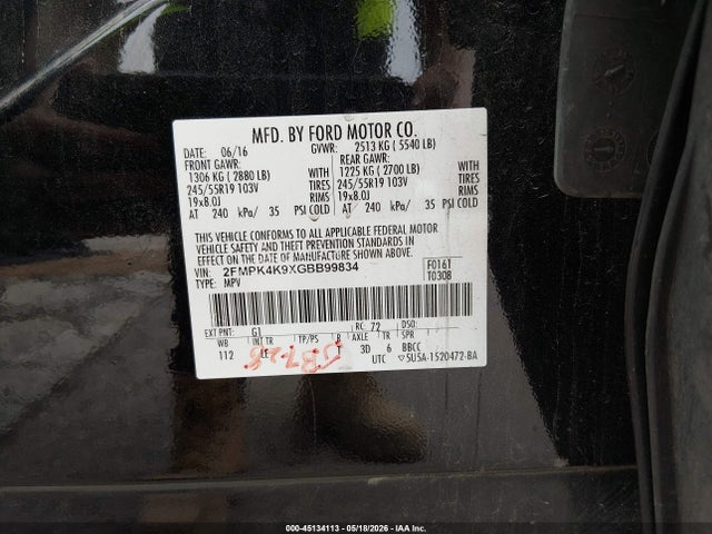 Продаж на аукціоні авто 2016 Ford Edge Titanium, vin: 2FMPK4K9XGBB99834, номер лоту: 45134113