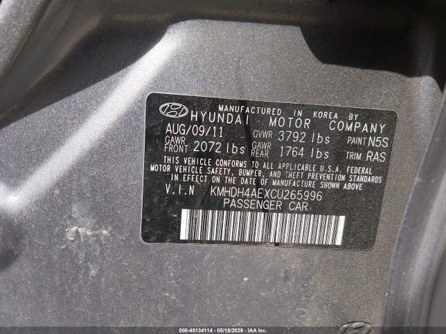 Продажа на аукционе авто 2012 Hyundai Elantra Gls (ulsan Plant), vin: KMHDH4AEXCU265996, номер лота: 45134114