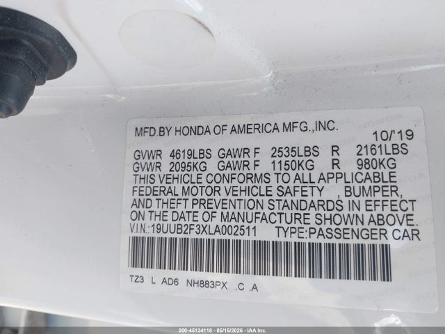 19UUB2F3XLA002511 Acura Tlx Standard