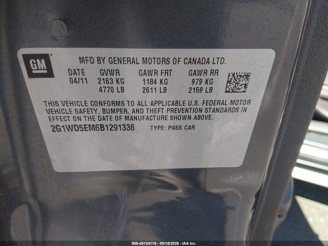 45134119 :رقم المزاد ، 2G1WD5EM6B1291336 vin ، 2011 Chevrolet Impala Police مزاد بيع