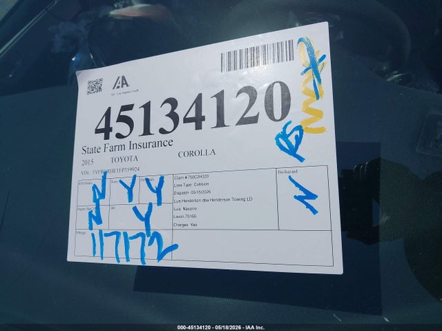 Aukcja sprzedaży 2015 Toyota Corolla Le Plus, vin: 5YFBURHE1FP359924, numer aukcji: 45134120
