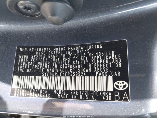 Aukcja sprzedaży 2015 Toyota Corolla Le Plus, vin: 5YFBURHE1FP359924, numer aukcji: 45134120