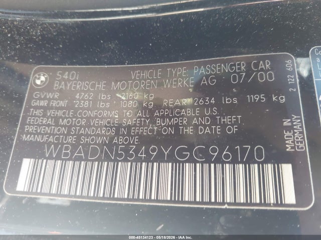 Aukcja sprzedaży 2000 Bmw 540i, vin: WBADN5349YGC96170, numer aukcji: 45134123