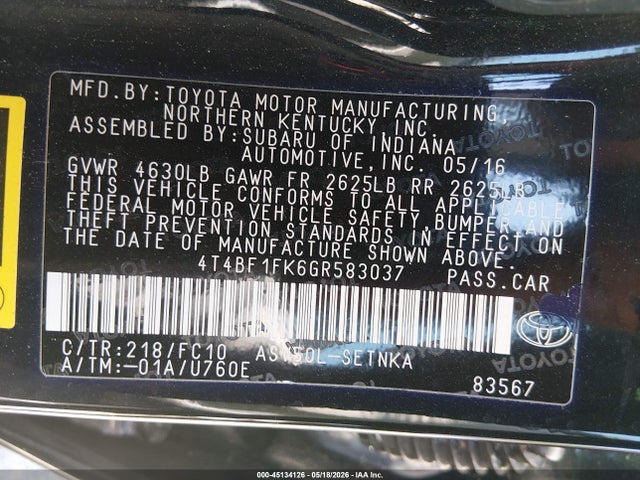 Aukcja sprzedaży 2016 Toyota Camry Le, vin: 4T4BF1FK6GR583037, numer aukcji: 45134126