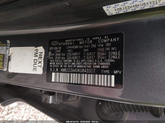 Aukcja sprzedaży 2019 Hyundai Tucson Se, vin: KM8J23A40KU843317, numer aukcji: 45134132
