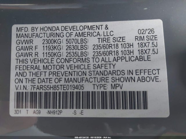 Продажа на аукционе авто 2026 Honda Cr-v Hybrid 2wd Sport-l, vin: 7FARS5H85TE019405, номер лота: 45134135