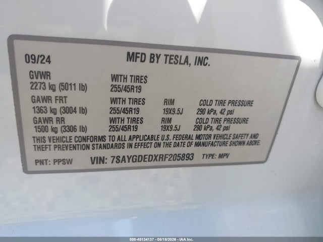 45134137 :رقم المزاد ، 7SAYGDEDXRF205893 vin ، 2024 Tesla Model Y Long Range Single Motor Rear-wheel Drive/rwd مزاد بيع