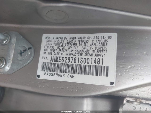 45134140 :رقم المزاد ، JHMES26761S001481 vin ، 2001 Honda Civic Ex مزاد بيع
