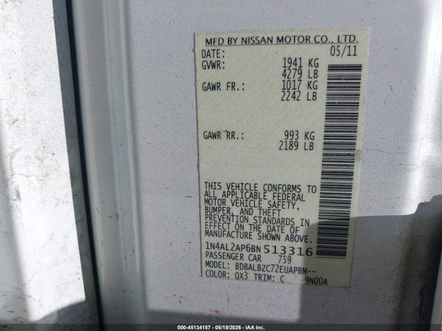 45134157 :رقم المزاد ، 1N4AL2AP6BN513316 vin ، 2011 Nissan Altima 2.5 S مزاد بيع