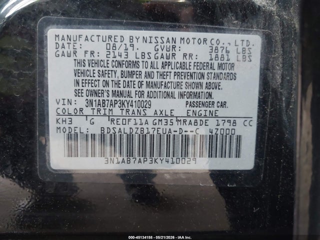 45134158 :رقم المزاد ، 3N1AB7AP3KY410029 vin ، 2019 Nissan Sentra Sv مزاد بيع