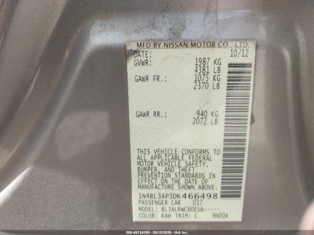 2013 Nissan Altima 3.5 S მანქანა იყიდება აუქციონზე, vin: 1N4BL3AP3DN466498, აუქციონის ნომერი: 45134165