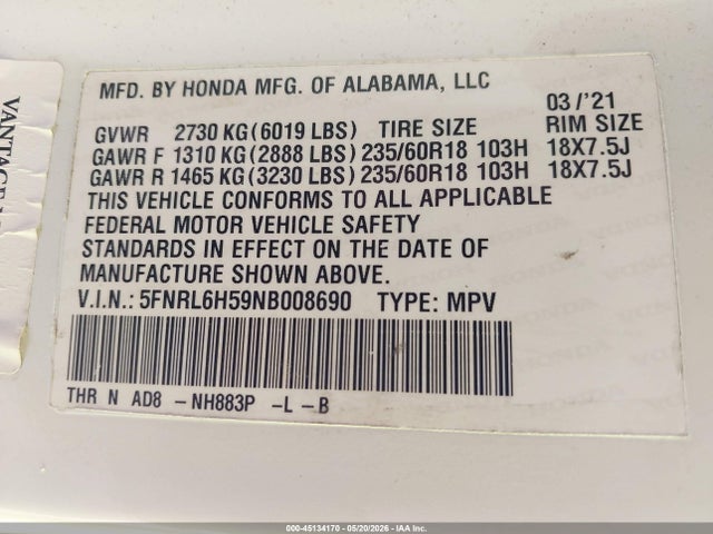 Aukcja sprzedaży 2022 Honda Odyssey Ex, vin: 5FNRL6H59NB008690, numer aukcji: 45134170
