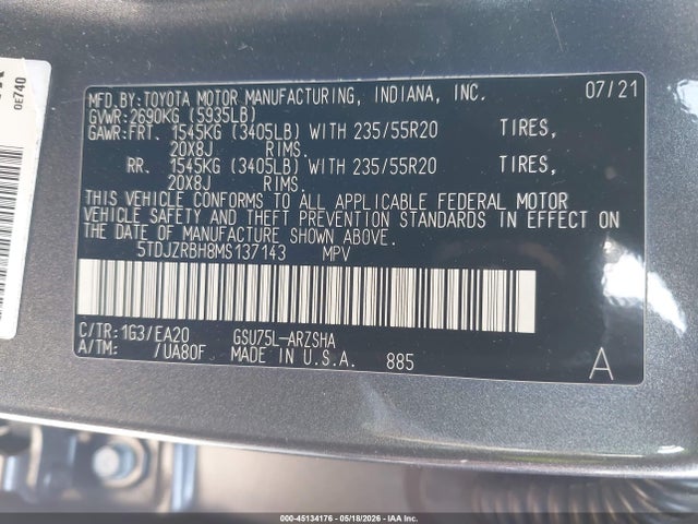 Продажа на аукционе авто 2021 Toyota Highlander Xse, vin: 5TDJZRBH8MS137143, номер лота: 45134176
